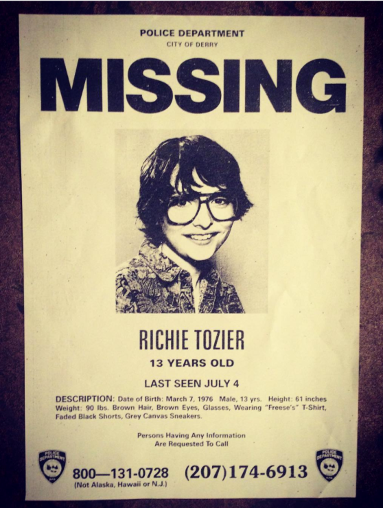 missing person poster featuring Richie Tozier